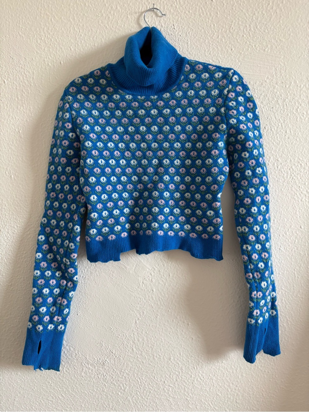 Balenciaga Blue Floral Knit Turtleneck Sweater